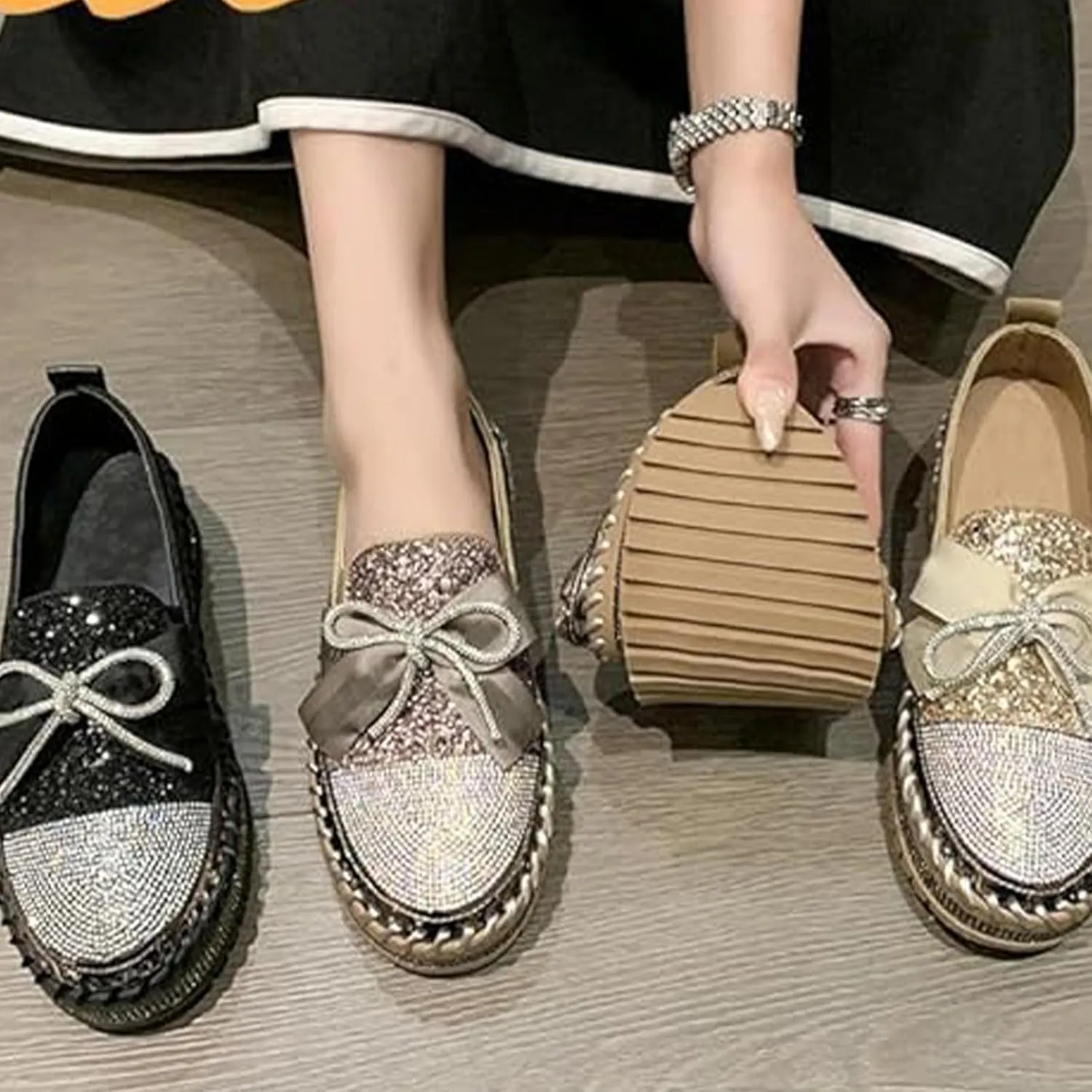 Women's Rhinestone Glitter Bowknot Shiny Comfortable Thick Soft Casual Platform Loafers Shoes