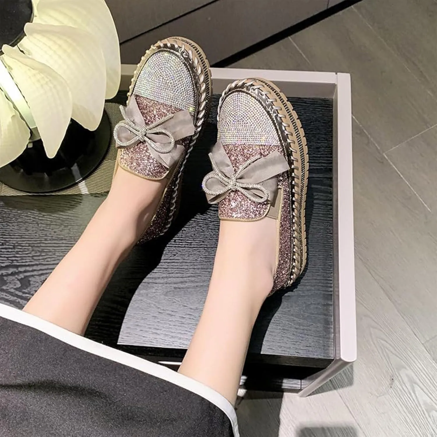 Women's Rhinestone Glitter Bowknot Shiny Comfortable Thick Soft Casual Platform Loafers Shoes