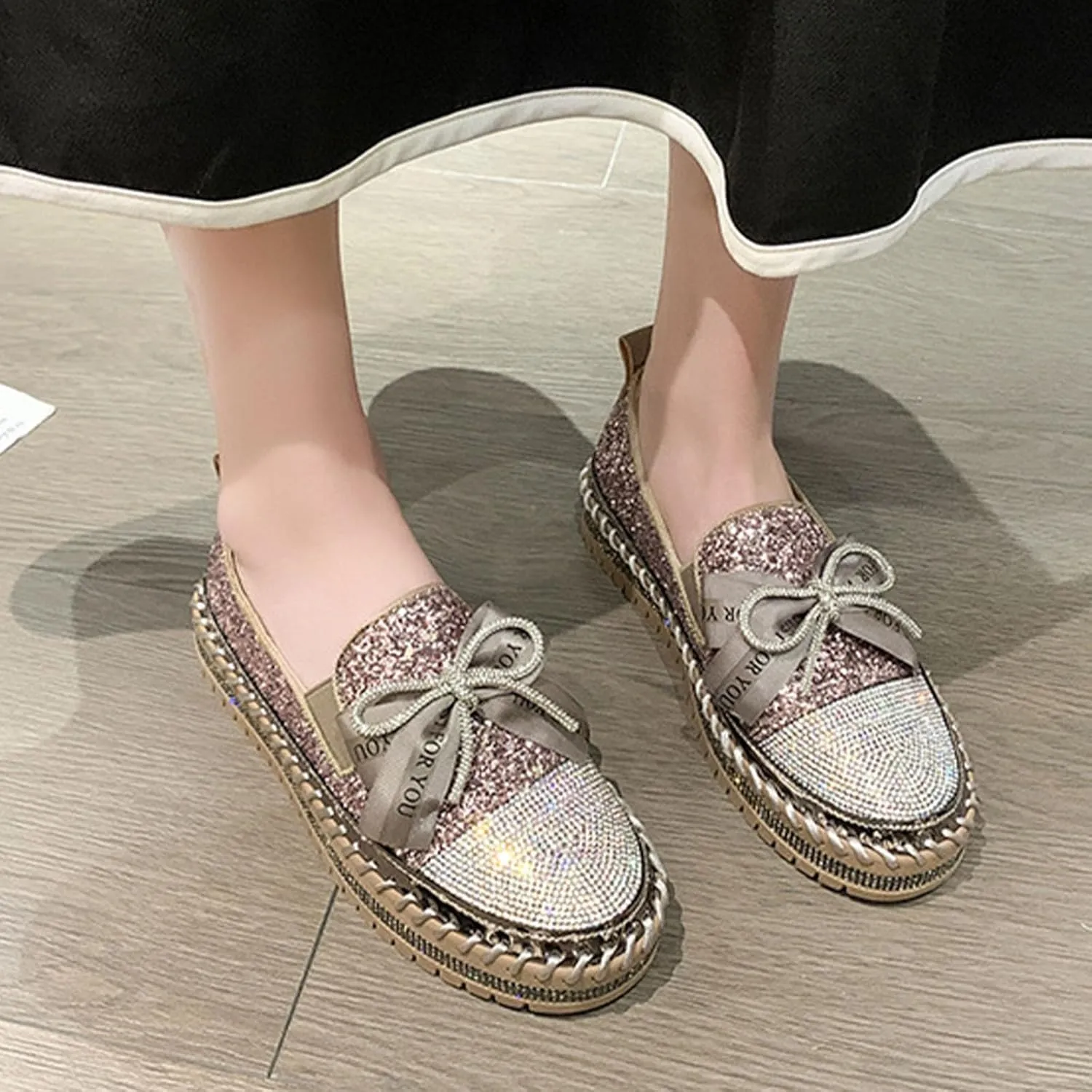 Women's Rhinestone Glitter Bowknot Shiny Comfortable Thick Soft Casual Platform Loafers Shoes