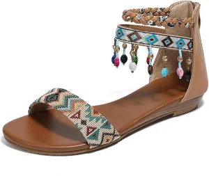 Women's Rhinestones Beaded Gladiator Sandals Ankle Strap Zip Back Flat Sandals Boho Style Summer Casual Comfortable Shoes