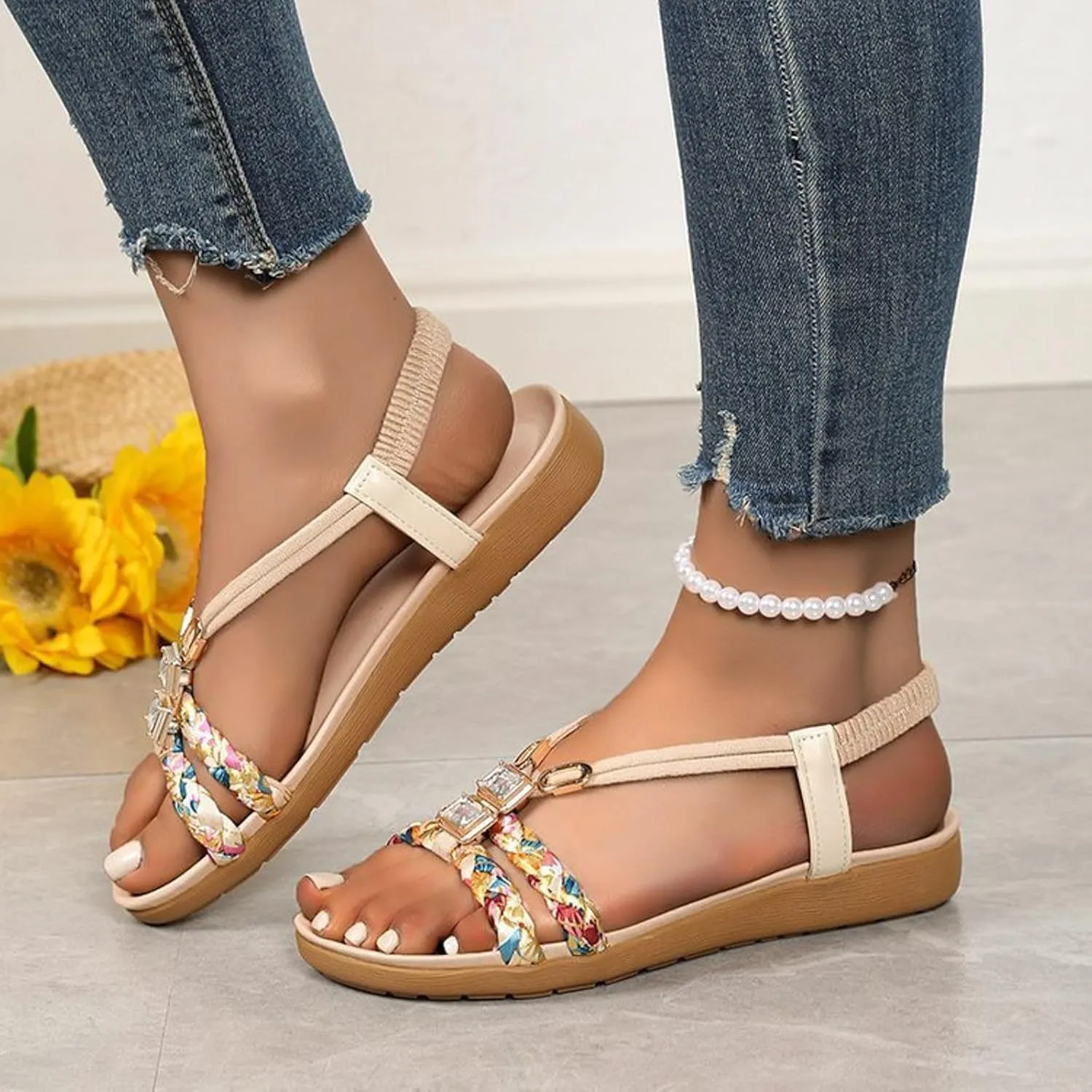 Womens Sandals Summer Dressy Ankle Strap Slip On Open Toe Flats Comfortable Beach Floral Braided Flat Sandals Thong Walking Shoes