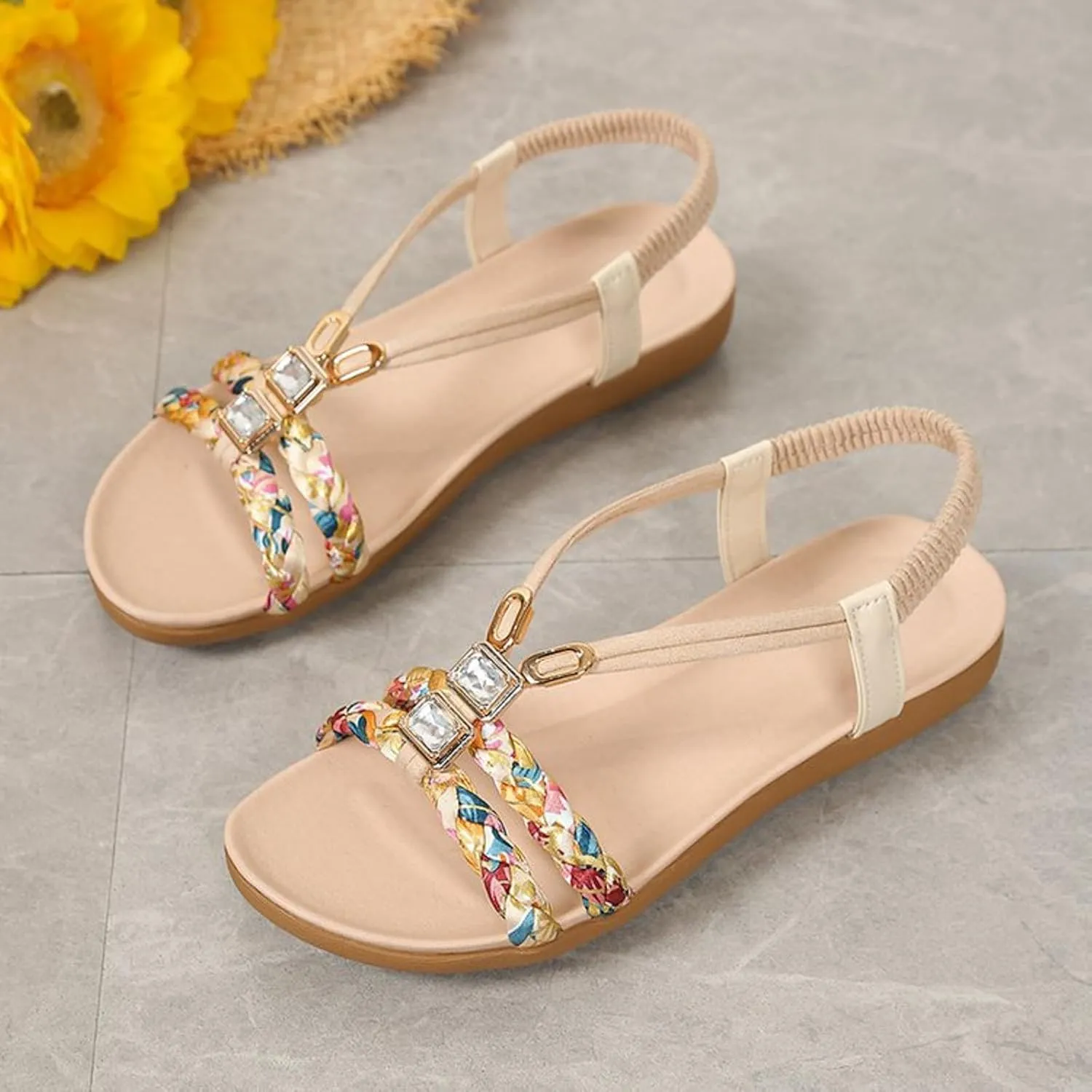 Womens Sandals Summer Dressy Ankle Strap Slip On Open Toe Flats Comfortable Beach Floral Braided Flat Sandals Thong Walking Shoes