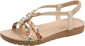 Womens Sandals Summer Dressy Ankle Strap Slip On Open Toe Flats Comfortable Beach Floral Braided Flat Sandals Thong Walking Shoes