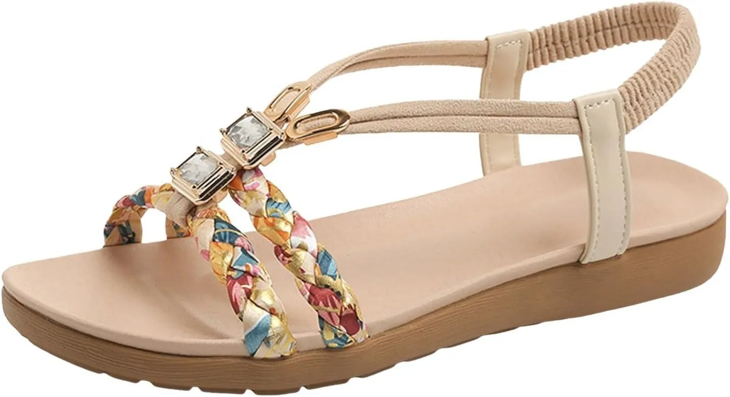 Womens Sandals Summer Dressy Ankle Strap Slip On Open Toe Flats Comfortable Beach Floral Braided Flat Sandals Thong Walking Shoes