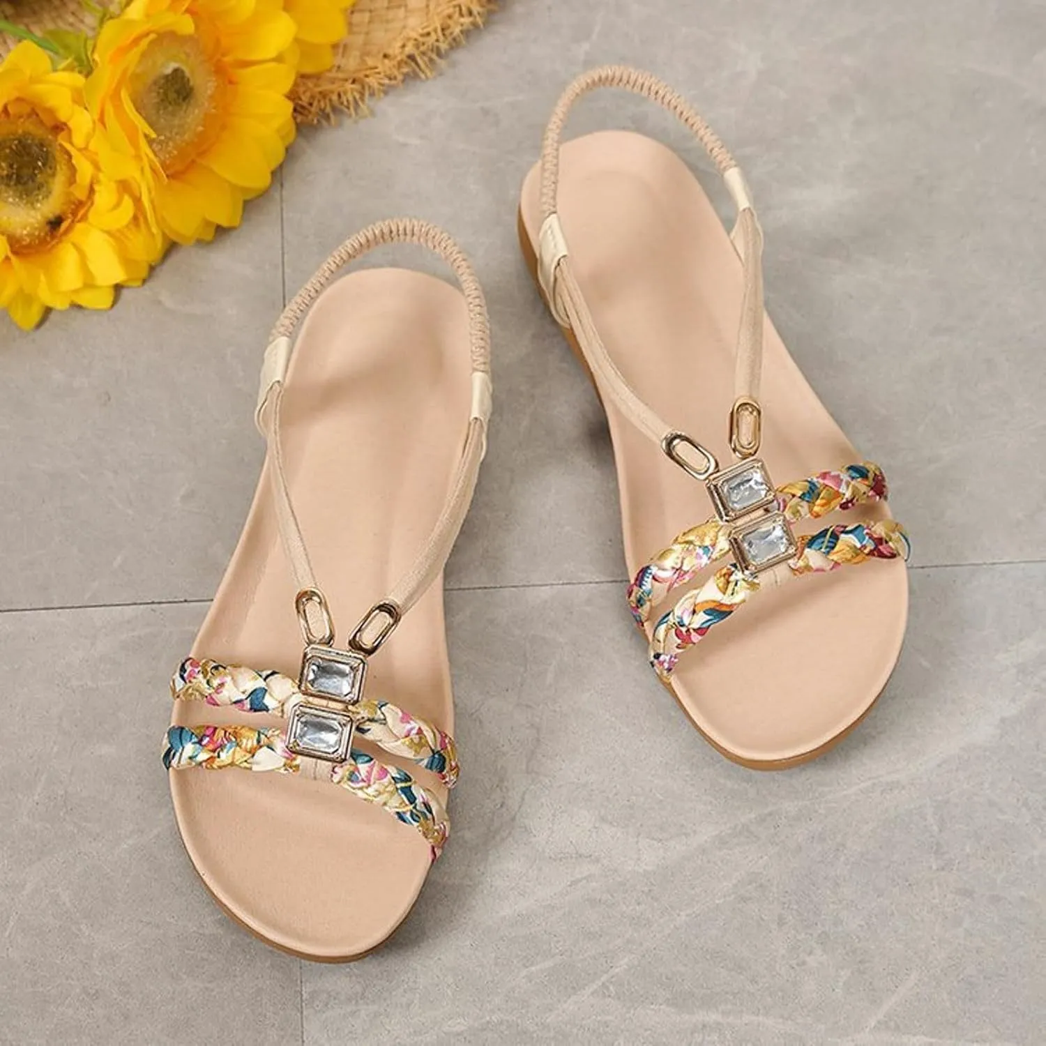 Womens Sandals Summer Dressy Ankle Strap Slip On Open Toe Flats Comfortable Beach Floral Braided Flat Sandals Thong Walking Shoes