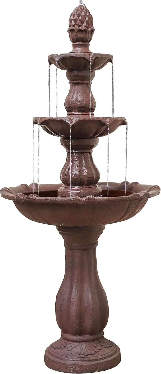 XBrand 3-Tier Water Fountain w/Pump & Pineapple Top, 51 Inch Tall, Brown, Large Outdoor Freestanding Waterfall Decor for Porch, Lawn and Garden