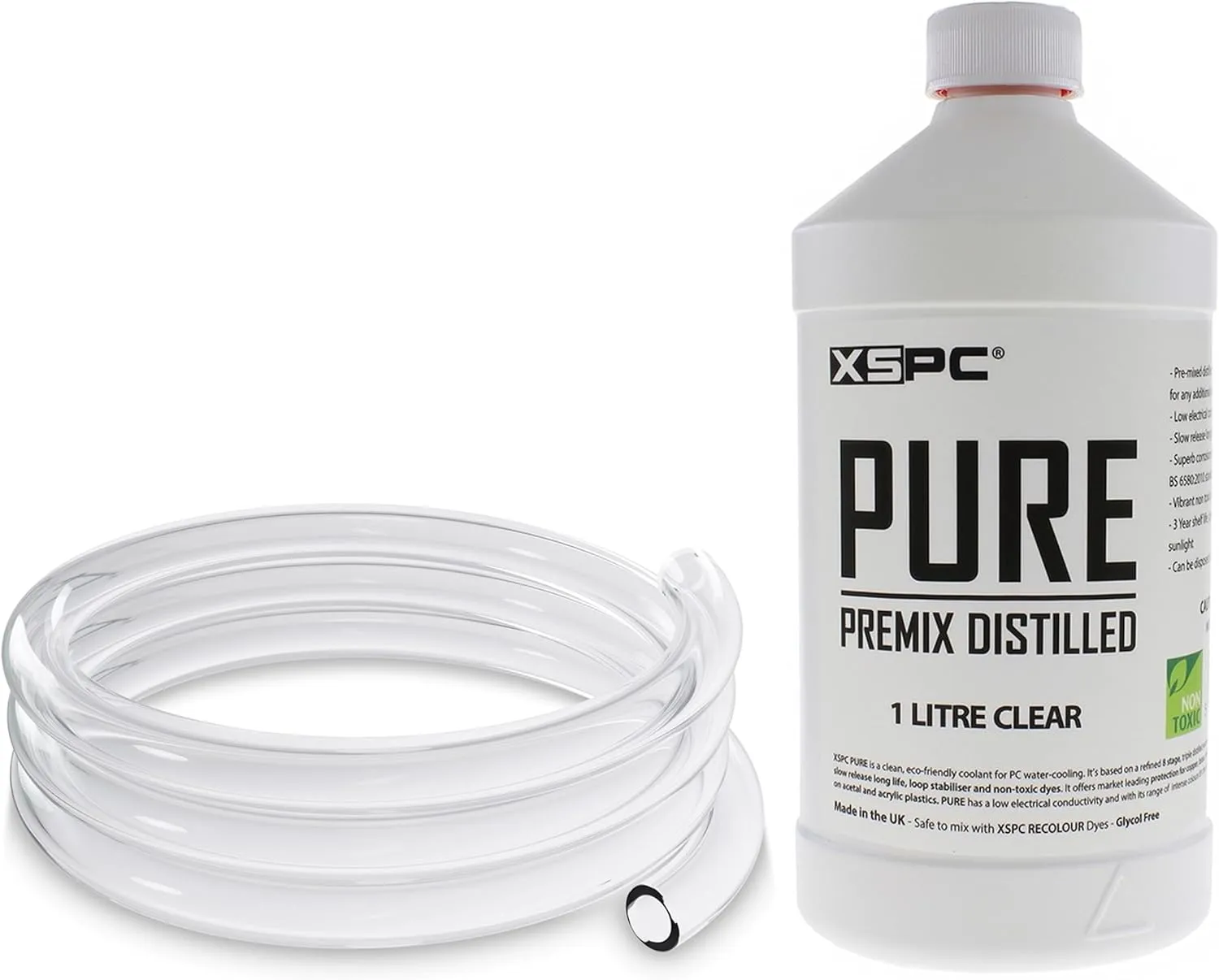 XSPC FLX Clear Tubing 3/8" ID, 5/8" OD (2 Meter) and Pure Premix Distilled PC Coolant (1000mL) Bundle