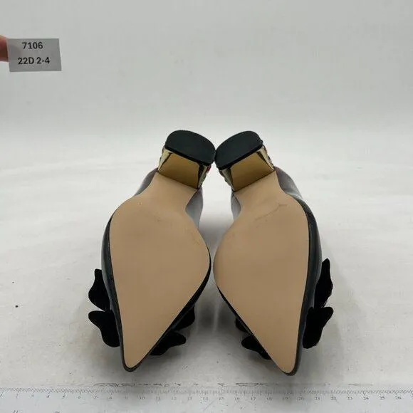 YDN Black/Red Pointed Toe Bow Pump Rhinestone Block Low Heel Butterfly Shoe