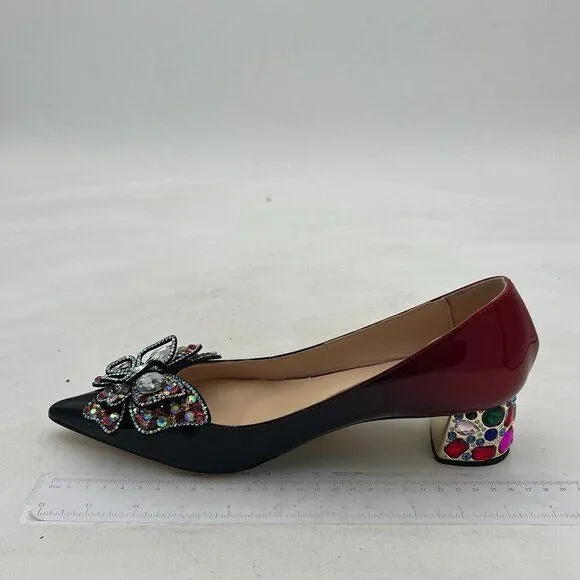 YDN Black/Red Pointed Toe Bow Pump Rhinestone Block Low Heel Butterfly Shoe