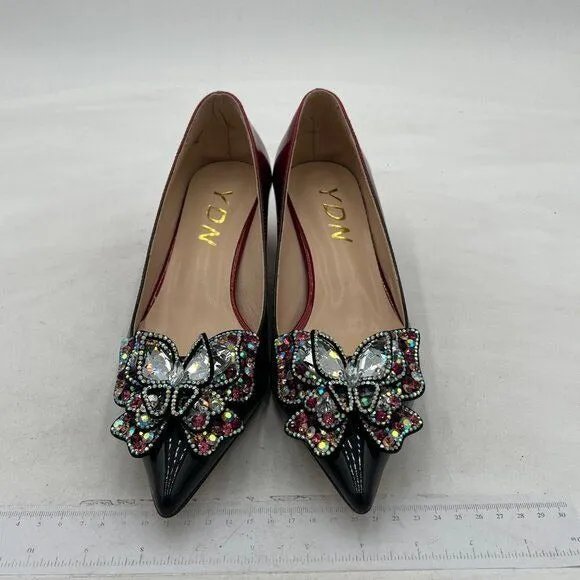 YDN Black/Red Pointed Toe Bow Pump Rhinestone Block Low Heel Butterfly Shoe