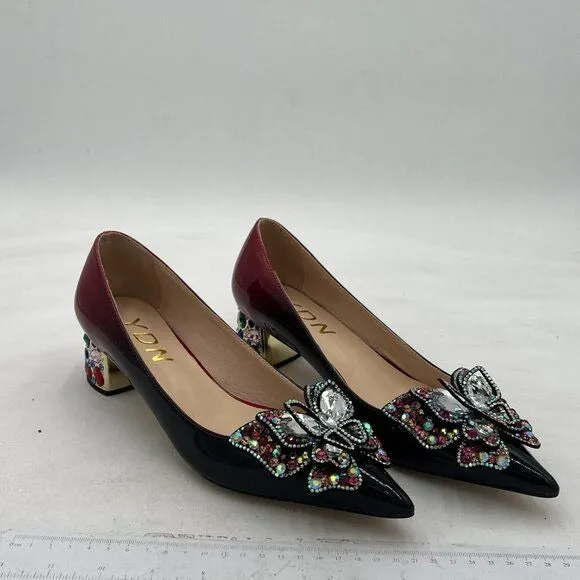 YDN Black/Red Pointed Toe Bow Pump Rhinestone Block Low Heel Butterfly Shoe