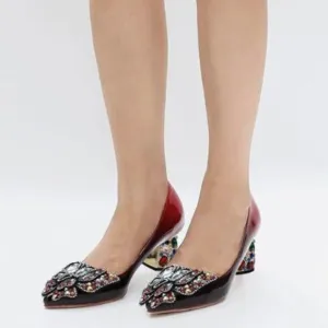 YDN Black/Red Pointed Toe Bow Pump Rhinestone Block Low Heel Butterfly Shoe