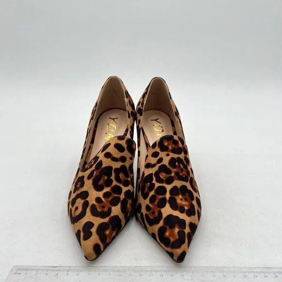 YDN Leopard Mid Heels Slip on Loafer Pumps Pointy Toe Slide Suede Prom Shoes
