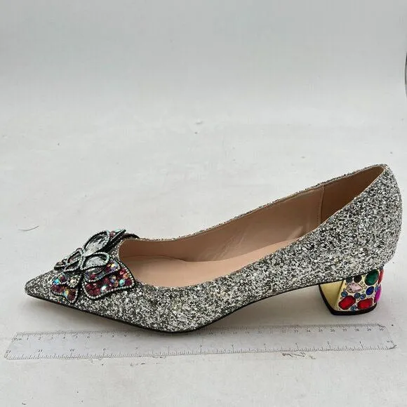 YDN Silver Glitter Pointed Toe Bow Pump Rhinestone Block Low Heel Butterfly Shoe