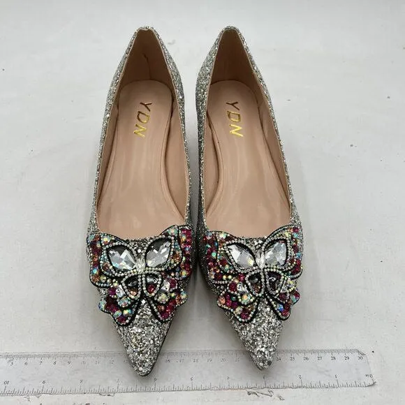 YDN Silver Glitter Pointed Toe Bow Pump Rhinestone Block Low Heel Butterfly Shoe