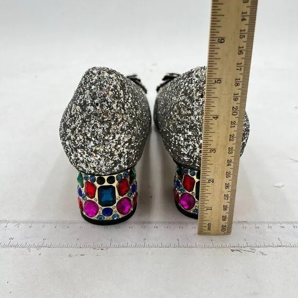 YDN Silver Glitter Pointed Toe Bow Pump Rhinestone Block Low Heel Butterfly Shoe