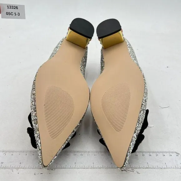 YDN Silver Glitter Pointed Toe Bow Pump Rhinestone Block Low Heel Butterfly Shoe