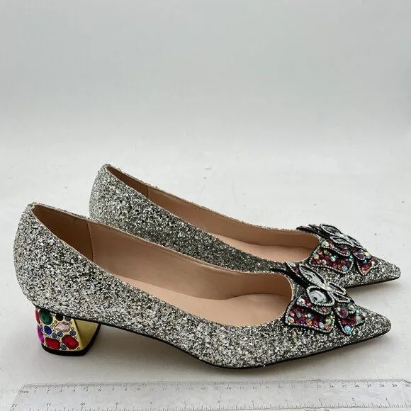 YDN Silver Glitter Pointed Toe Bow Pump Rhinestone Block Low Heel Butterfly Shoe