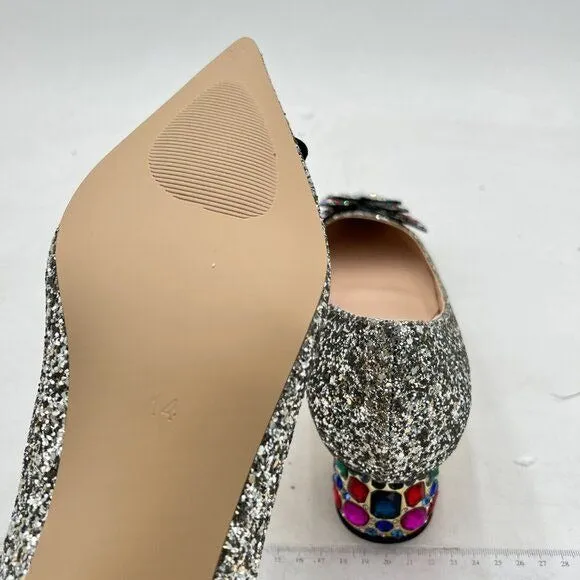 YDN Silver Glitter Pointed Toe Bow Pump Rhinestone Block Low Heel Butterfly Shoe