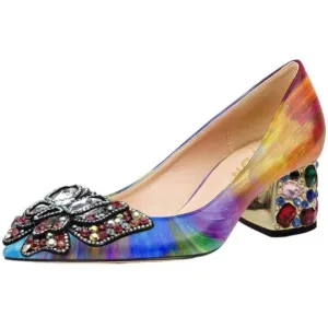 YDN Women Pointed Toe Bow Pump Rhinestone Block Low Heel Butterfly Multi Shoes