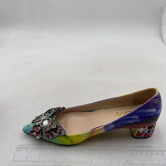 YDN Women Pointed Toe Bow Pump Rhinestone Block Low Heel Butterfly Multi Shoes