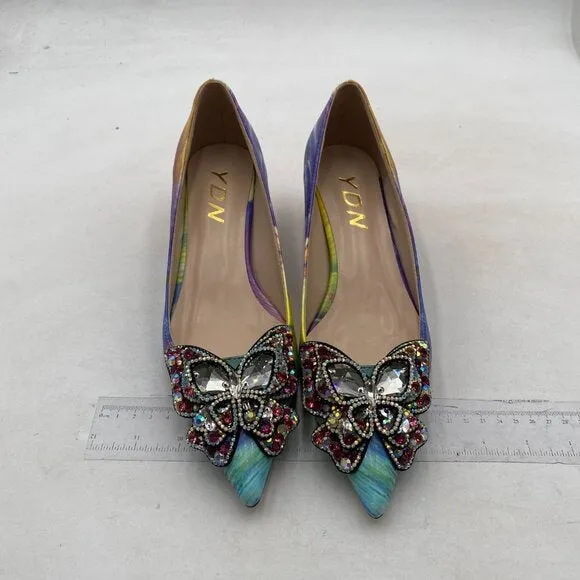 YDN Women Pointed Toe Bow Pump Rhinestone Block Low Heel Butterfly Multi Shoes