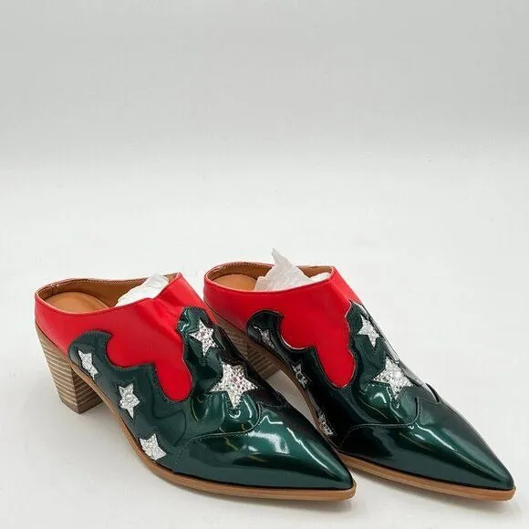 YDN Women Pointed Toe Contrast Stitching Mules Slip on Chunky Mid Heels Casual