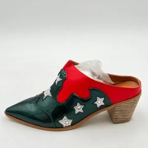 YDN Women Pointed Toe Contrast Stitching Mules Slip on Chunky Mid Heels Casual