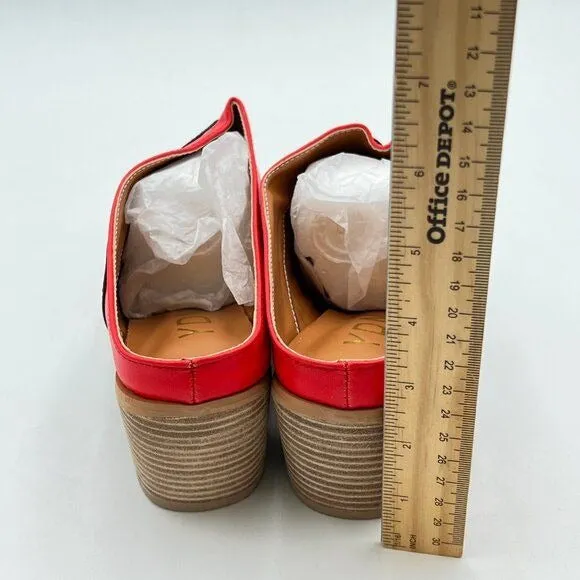 YDN Women Pointed Toe Contrast Stitching Mules Slip on Chunky Mid Heels Casual