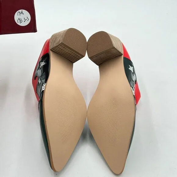 YDN Women Pointed Toe Contrast Stitching Mules Slip on Chunky Mid Heels Casual