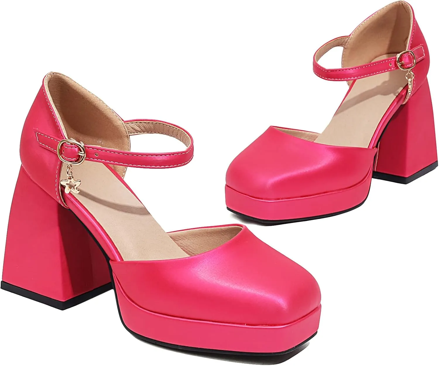 YIYA Women's Chunky Heels Platform Mary Jane Shoes Adjustable Ankle Strap Star Buckle Square Toe Block High Heel Dress Pumps Shoes