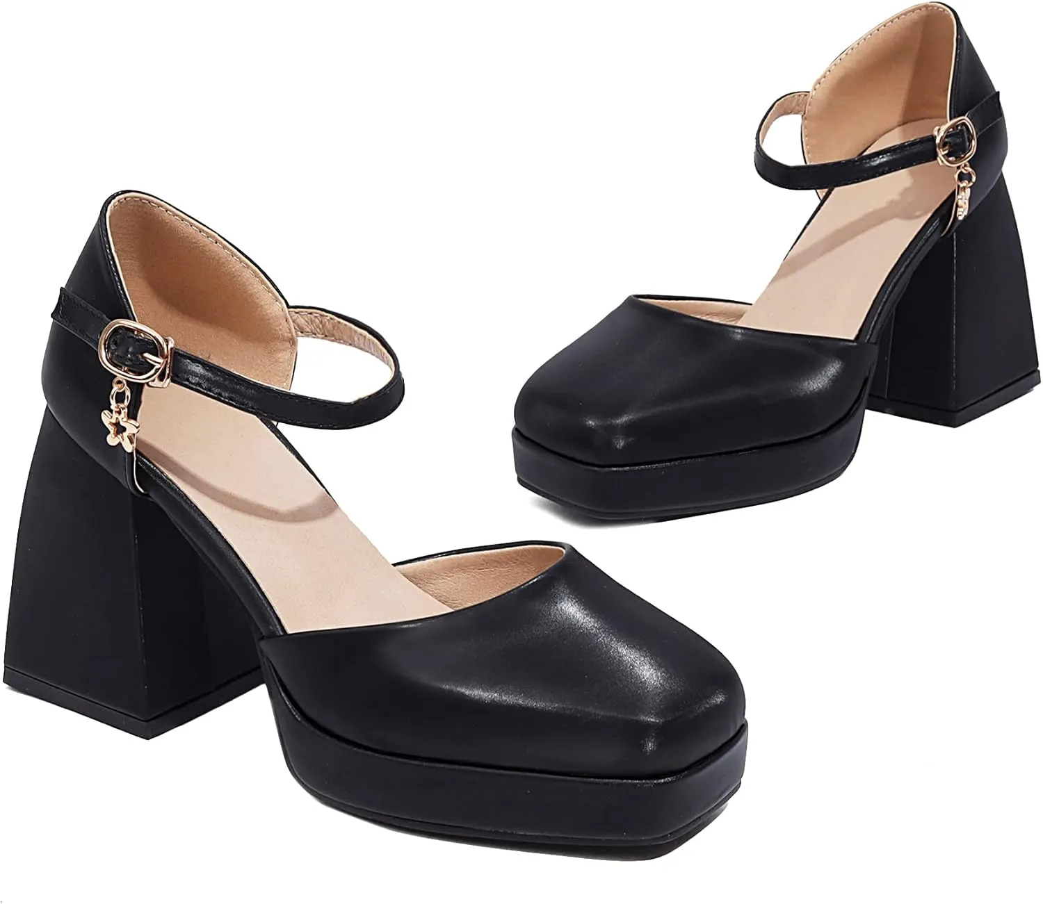 YIYA Women's Chunky Heels Platform Mary Jane Shoes Adjustable Ankle Strap Star Buckle Square Toe Block High Heel Dress Pumps Shoes
