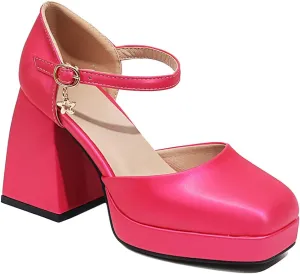 YIYA Women's Chunky Heels Platform Mary Jane Shoes Adjustable Ankle Strap Star Buckle Square Toe Block High Heel Dress Pumps Shoes