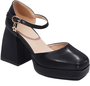 YIYA Women's Chunky Heels Platform Mary Jane Shoes Adjustable Ankle Strap Star Buckle Square Toe Block High Heel Dress Pumps Shoes
