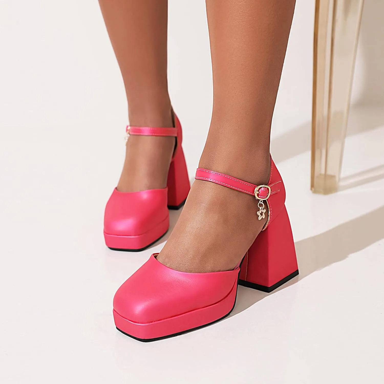 YIYA Women's Chunky Heels Platform Mary Jane Shoes Adjustable Ankle Strap Star Buckle Square Toe Block High Heel Dress Pumps Shoes