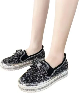 ZBYY Women's Loafer Shoes Summer Shinny Rhinestone Bowknot Walking Sneakers Fashion Sequin Slip On Flat Dress Shoes